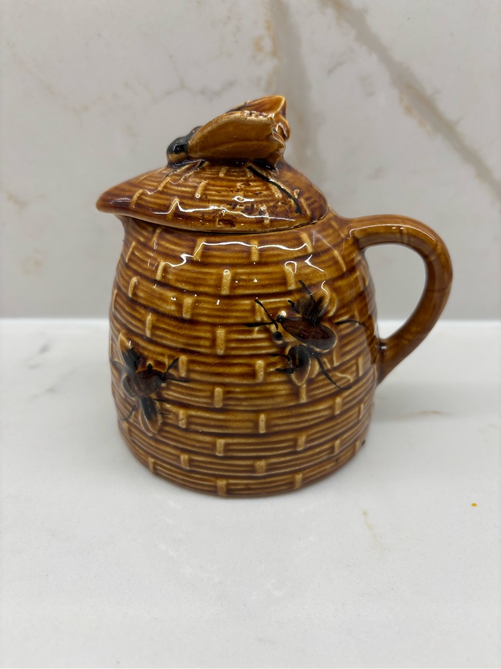 Vintage Brown Glazed Ceramic Honey Pot Bee Hive Jar Pot Raised Bees Cork and Lid - Picture 2 of 8